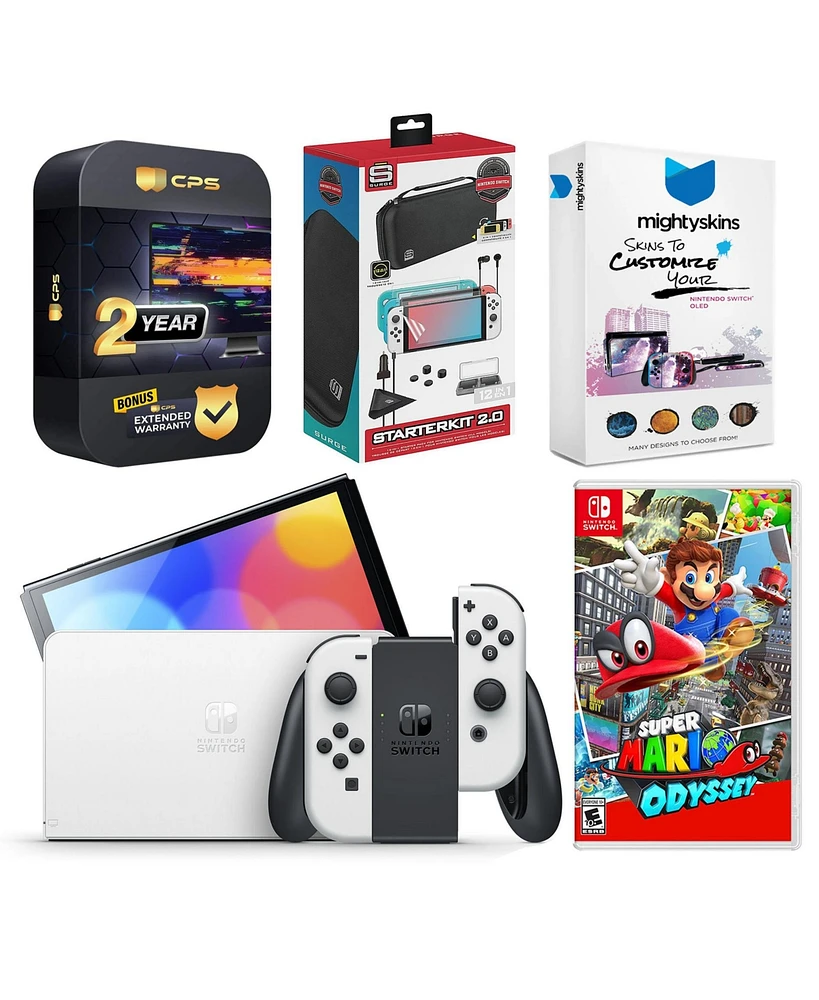 Nintendo Switch White Oled Console with Super Mario Odyssey, Surge Accessory Gaming Kit, MightySkins Console and Controller Skin Voucher, and 2 Year C