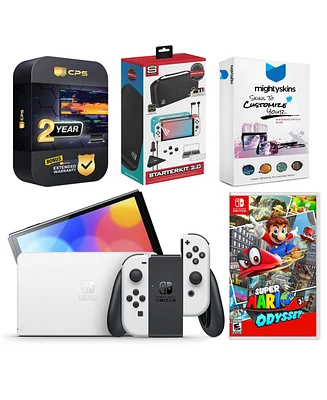 Nintendo Switch White Oled Console with Super Mario Odyssey, Surge Accessory Gaming Kit, MightySkins Console and Controller Skin Voucher, and 2 Year C
