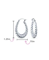 Bling Jewelry Boho Tribal Lightweight Hollow Puff Ribbed Scalloped Twist Rope Cable Style Oval Tube Hoop Earrings .925 Sterling Silver Medium Size Hoo
