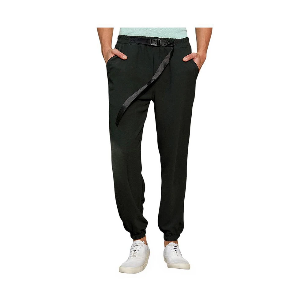 Campus Sutra Men's Obsidian Black Solid Belted Trousers