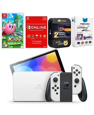 Nintendo Switch White Oled Console with Kirby and the Forgotten Land, Nso 12 Month Family Membership, MightySkins Console and Controller Skin Voucher,