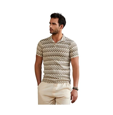 Campus Sutra Men's French Beige & Off White Zig-Zag Knit Polo T-Shirt
