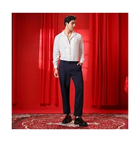 Campus Sutra Men's Prussian Blue Tailored Linen-Blend Trousers
