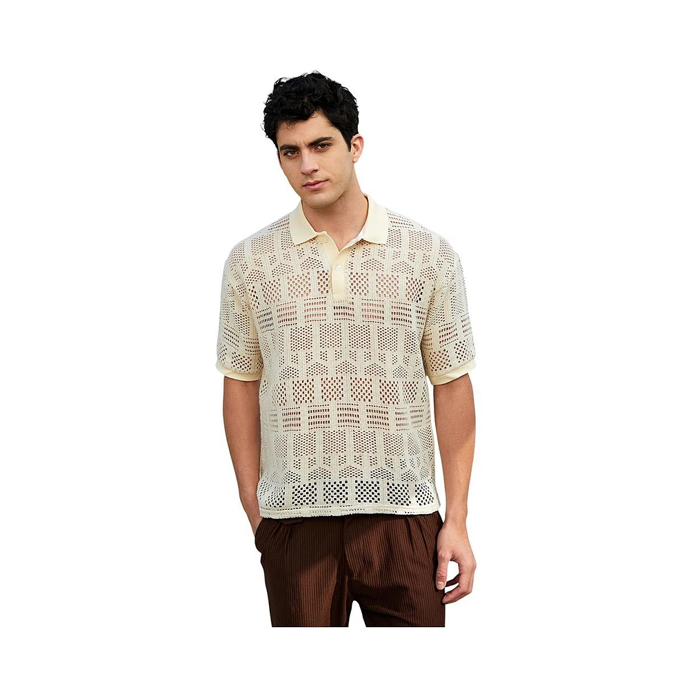 Campus Sutra Men's Buff Beige Geo-Boho Oversized Polo T-Shirt