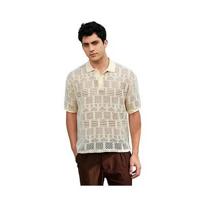 Campus Sutra Men's Buff Beige Geo-Boho Oversized Polo T-Shirt