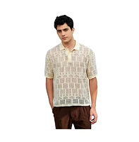 Campus Sutra Men's Buff Beige Geo-Boho Oversized Polo T-Shirt