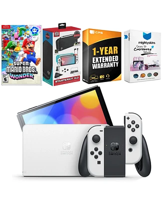 Nintendo Switch White Oled Console with Super Mario Bros. Wonder, Surge Accessory Gaming Kit, MightySkins Console and Controller Skin Voucher