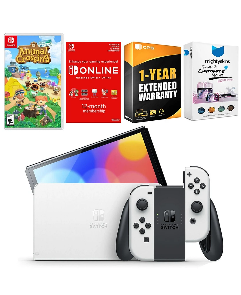 Nintendo Switch White Oled Console with Animal Crossing New Horizons, Nso 12 Month Family Membership, MightySkins Console and Controller Skin Voucher