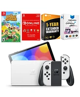 Nintendo Switch White Oled Console with Animal Crossing New Horizons, Nso 12 Month Family Membership, MightySkins Console and Controller Skin Voucher