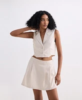 Reistor Women's Cropped Cotton Tweed Vest Set Cream