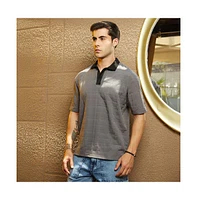 Campus Sutra Men's Moon Grey & Onyx Black Contrast Grid Polo T-Shirt