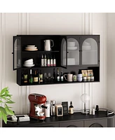 47.25" Four-door Glass Wall Cabinet Storage, Wall-mounted, Suitable for Kitchen, Living Room, Bathroom(Black)