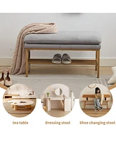End of Bed Bench with Shelf, Linen Upholstered Storage Shoe Bench, Modern Bedroom Bench with Metal Legs for Living Room, Entryway, Dining Room, 300 Lb