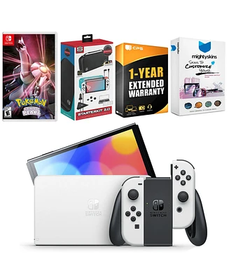 Nintendo Switch White Oled Console with Pokemon Shining Pearl, Surge Accessory Gaming Kit, MightySkins Console and Controller Skin Voucher