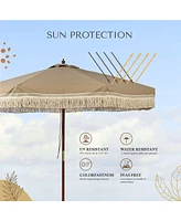 LAGarden Boho 9' Fringe Patio Umbrella with Tassels UPF50+ Boho Style 5-Year-Non-Fading for Outdoor Yard Market Mocha Meander