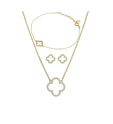 Sterling Silver 18k Gold Plated Aria Clover Bracelet, Necklace& Stud Earrings Set