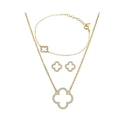 Sterling Silver 18k Gold Plated Aria Clover Bracelet, Necklace& Stud Earrings Set