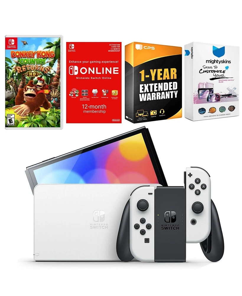 Nintendo Switch White Oled Console with Donkey Kong Country Returns Hd, Nso 12 Month Family Membership
