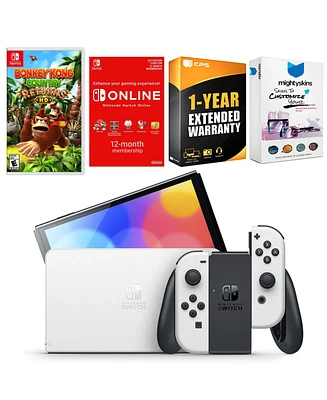 Nintendo Switch White Oled Console with Donkey Kong Country Returns Hd, Nso 12 Month Family Membership