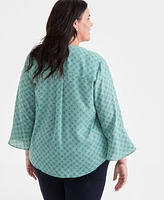 Style & Co Plus Printed V-Neck Ruffle-Cuff Blouse, Exclusively at Macy's