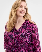 Kasper Plus Printed Blouson-Sleeve Midi Dress