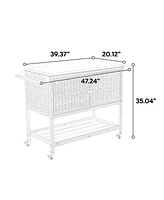 Wicker Bar Cart with Glass Top & Wheels