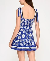Trixxi Juniors' Cotton Printed Tie-Shoulder Short Dress