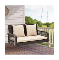 2-Person Outdoor Wicker Porch Swing with Seat and Back Cushions