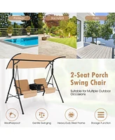 Gymax 2-Person Canopy Porch Swing Padded Chair Cooler Bag Rotatable Tray