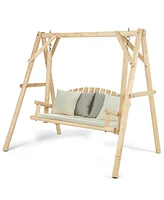 Gymax Wooden Porch Swing Outdoor Patio Rustic Torched Log Curved Back Bench A-Frame