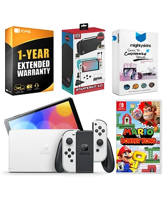 Nintendo Switch White Oled Console with Mario vs. Donkey Kong, Surge Accessory Gaming Kit, MightySkins Console and Controller Skin Voucher