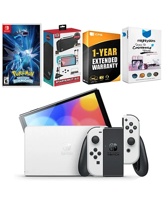 Nintendo Switch White Oled Console with Pokemon Brilliant Diamond, Surge Accessory Gaming Kit, MightySkins Console and Controller Skin Voucher