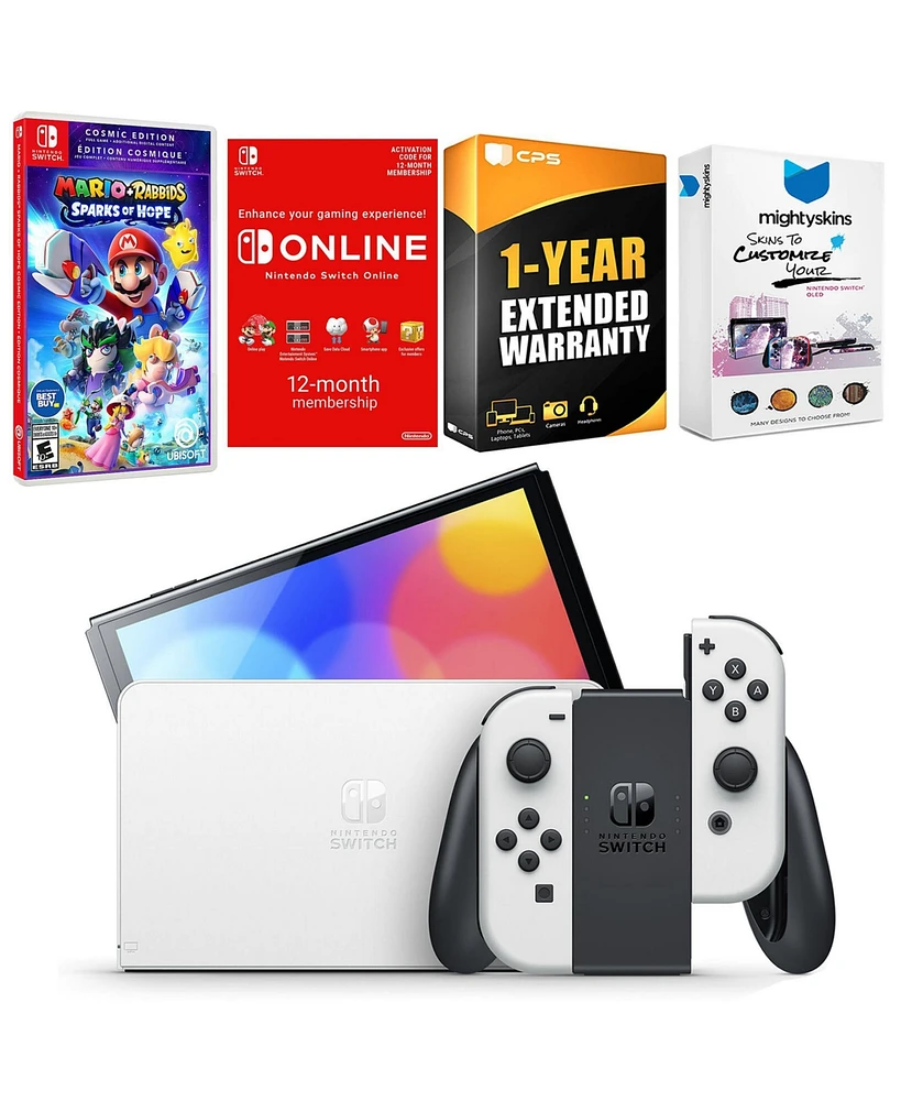 Nintendo Switch White Oled Console with Mario + Rabbids Sparks of Hope Cosmic Edition, Nso 12 Month Family Membership