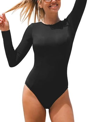Cupshe Women's Upf 50+ Uv Protection Long Sleeve Open Back One Piece Swimsuit