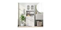 58.5 Inch Freestanding Linen Bathroom Storage Cabinet with Frost Glass Doors