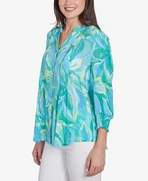 Ruby Rd. Petite Abstract Tropical Silky Button Front V-Neck Top