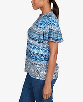 Ruby Rd. Petite Motif Stripe Embroidered Puff Print T-Shirt
