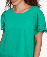 Ruby Rd. Petite Embroidered Sleeve Solid T-Shirt