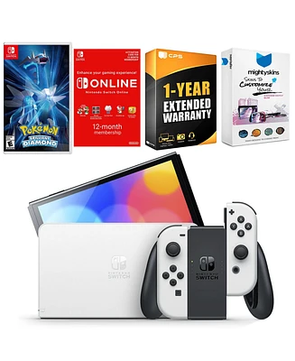 Nintendo Switch White Oled Console with Pokemon Brilliant Diamond, Nso 12 Month Family Membership, MightySkins Console and Controller Skin Voucher