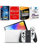 Nintendo Switch White Oled Console with Pokemon Brilliant Diamond, Nso 12 Month Family Membership, MightySkins Console and Controller Skin Voucher