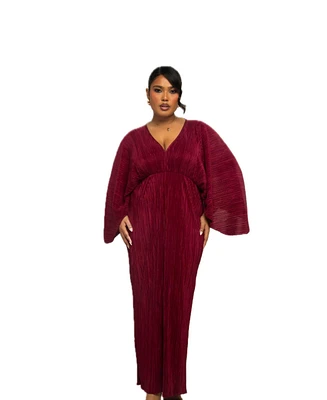 Fashion-szn Curve Plus Long Sleeve V-Neck Burgundy Maxi Dress