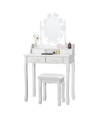 Makeup Dressing Table with Touch Switch Lighted Mirror and Cushioned Stool