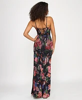 Katia Rae Juniors' Floral-Print Sequined Spaghetti-Strap Gown