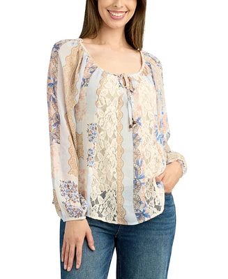 Bcx Juniors' Printed Lace-Inset Scoop-Neck Top