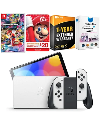Nintendo Switch White Oled Console with Mario Kart 8 Deluxe, Nintendo $20 eShop Gift Card, MightySkins Console and Controller Skin Voucher
