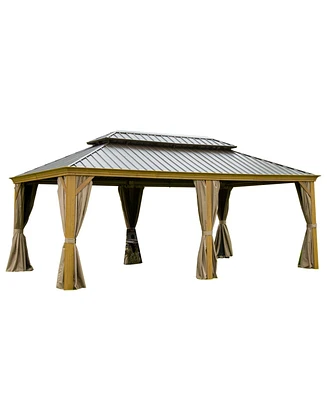Outdoor Living 14x20FT Hardtop Gazebo, Permanent Metal Gazebo with Galvanized Steel Double Roof and Aluminum Frame, Curtain and Netting, Large Pavilio