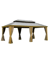 Outdoor Living 14x20FT Hardtop Gazebo, Permanent Metal Gazebo with Galvanized Steel Double Roof and Aluminum Frame, Curtain and Netting, Large Pavilio