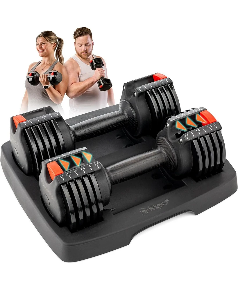 Lifepro Adjustable Dumbbell Set with Rack – 5-in-1 Quick-Change Hand Weights, 15lb, 25lb, or 43lb – Compact Adjustable Dumbbells for Men