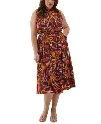 Ella Rafaella Plus Leaf Print Belted Sleeveless Dress