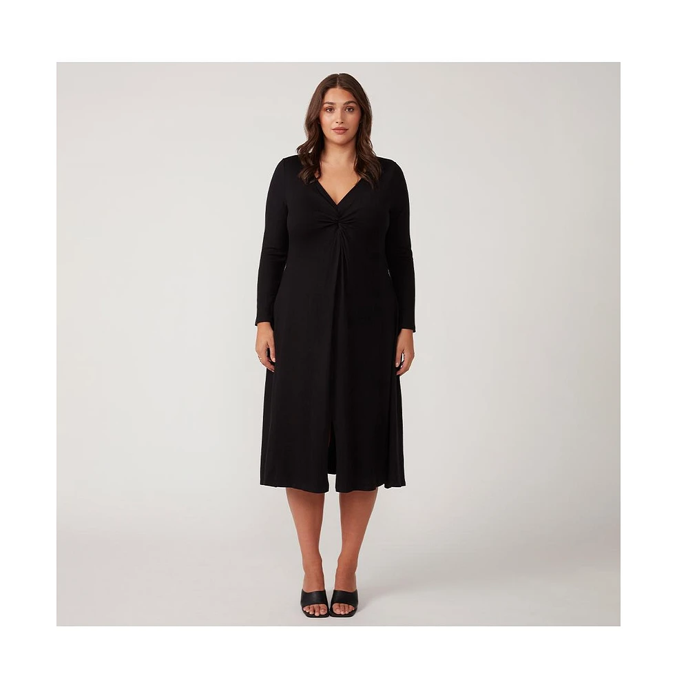 Estelle Eclipse Black Long Sleeve V-Neck Midi Dress